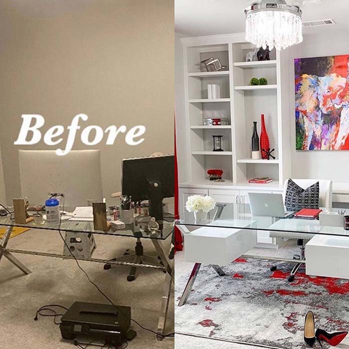 Before and after image of a home office space