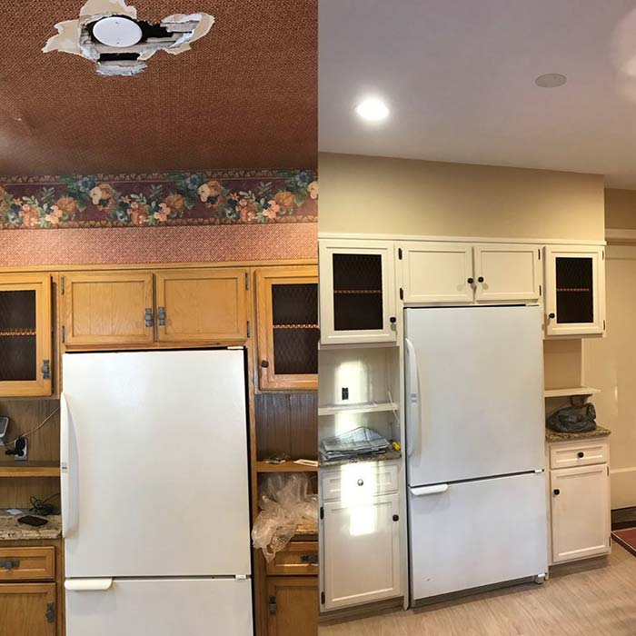 Before and after image of a kitchen with refrigerator