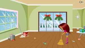 Cartoon character girl cleaning room