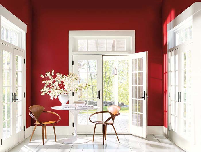 Red wall modern living room